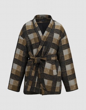 Urban Revivo Plaid With Belt Women's Down Jackets Khaki | KFT2582EQ