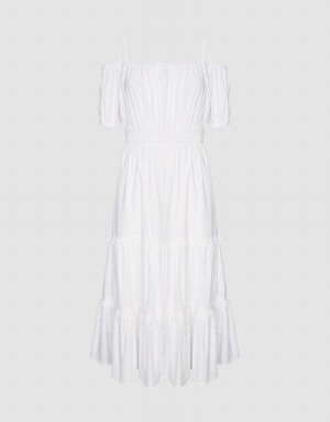 Urban Revivo Plain Cold Shoulder Tiered Midi Women's Dress White | IFQ5896XJ