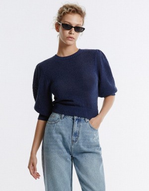 Urban Revivo Plain Cropped Women's Sweaters Blue | ZMB2036HC