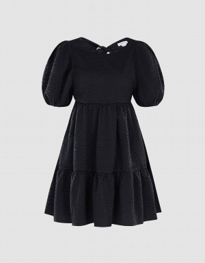 Urban Revivo Plain Puff Sleeve Ruffle Hem Women's Dress Black | LIZ7087XJ