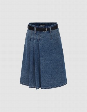 Urban Revivo Pleated Denim With Belt Women's Skirts Blue | UVA5998DP