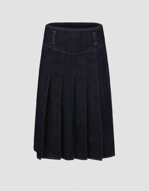 Urban Revivo Pleated Midi A-Line Denim Women's Skirts Blue | HEO2837IX