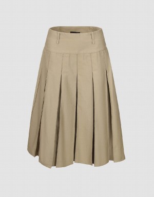 Urban Revivo Pleated Midi A-Line Women's Skirts Khaki | PKV108YR