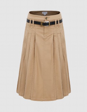 Urban Revivo Pleated Midi A-Line Women's Skirts Khaki | TNY1544MU