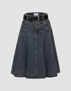 Urban Revivo Pleated Mini A-Line Denim Women's Skirts Blue | XOM9588OJ