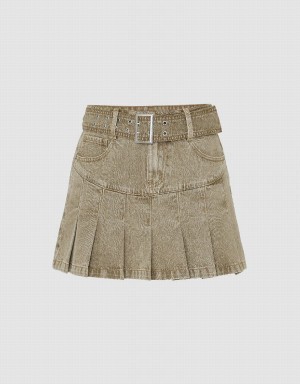 Urban Revivo Pleated Mini A-Line Denim Women's Skirts Khaki | XGV482FX