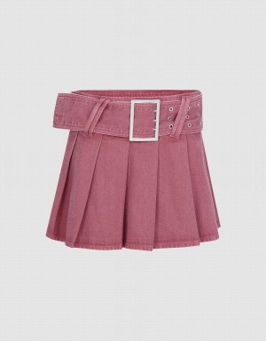 Urban Revivo Pleated Mini A-Line Denim Women's Skirts Rose Red | LQG6858GM