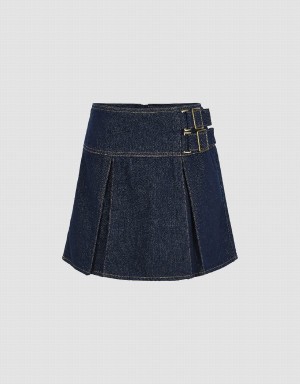 Urban Revivo Pleated Mini Denim Women's Skirts Blue | TKK6839BV