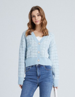 Urban Revivo Pocket Tweed Plaid Women's Cardigan Light Blue | EIR9517FS