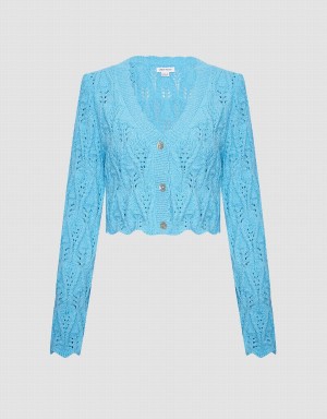 Urban Revivo Pointelle Button Up Women's Cardigan Blue | ATL1585XV