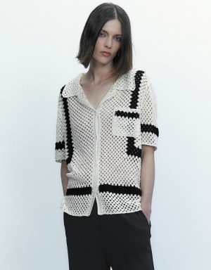 Urban Revivo Pointelle Lapel Knitted Women's Cardigan White | MKZ8218ZT