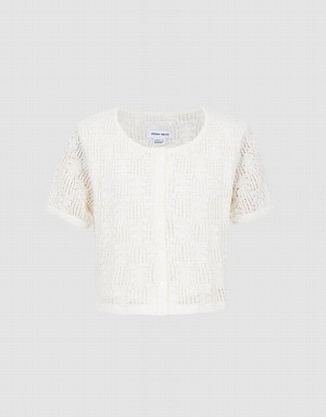 Urban Revivo Pointelle Short Sleeve Women's Cardigan White | CAF9098WF