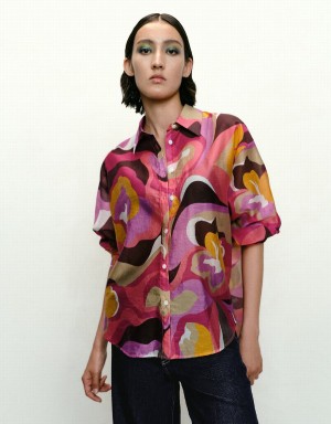 Urban Revivo Printed Button Up Lapel Women's Shirts Pink Multicolor | EGR522EZ