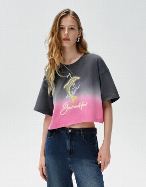 Urban Revivo Printed Crew Neck Loose Women's T Shirts Grey Pink | YYY239QD