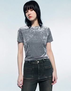 Urban Revivo Printed Crew Neck Skinny Women's T Shirts Light Grey | HHS1612AS