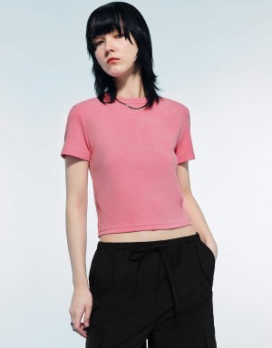 Urban Revivo Printed Crew Neck Skinny Women's T Shirts Pink | MVX8483HQ