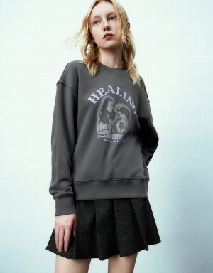 Urban Revivo Printed Crew Neck Women's Sweatshirts Dark Grey | ITM7552KS