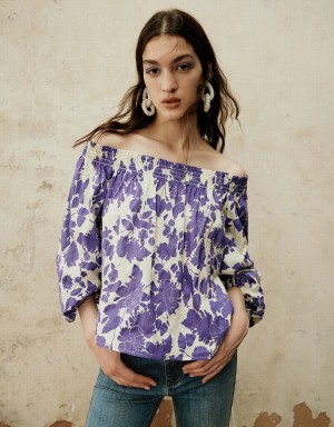 Urban Revivo Printed Off-Shoulder Overhead Women's Blouse Purple | ILI4835ZG