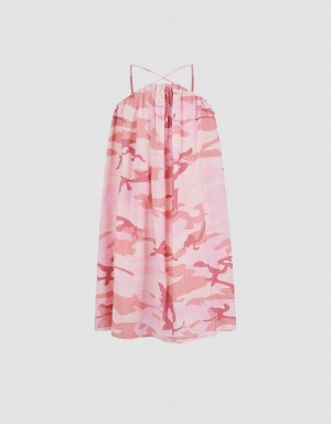 Urban Revivo Printed Sleeveless V-Neck A-Line Women's Dress Pink White | MWQ7892UF