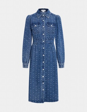 Urban Revivo Puff Sleeve Button Up Denim Women's Dress Blue | SFG883JC