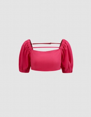 Urban Revivo Puff Sleeve Crop Top Women's T Shirts Red | OYF2272MA