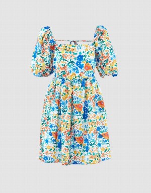 Urban Revivo Puff Sleeve Floral Print Women's Dress Blue | HCW541ES