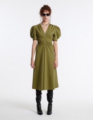 Urban Revivo Puff Sleeve Ruched Women's Dress Green | JOP1691FU