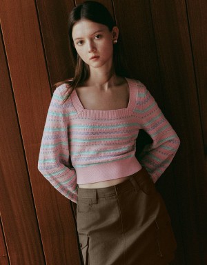 Urban Revivo Puff Sleeve Square-cut Collar Knitted Women's Cardigan Pink | KQX680EU