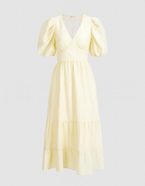 Urban Revivo Puff Sleeve Tiered Midi Women's Dress Yellow | UOS1287TG