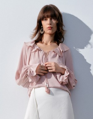 Urban Revivo Raglan Sleeve Ruffle Overhead Women's Blouse Pink | DKW6617ZP