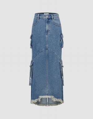 Urban Revivo Raw Hem Denim With Pockets Women's Skirts Blue | ZZD377MX