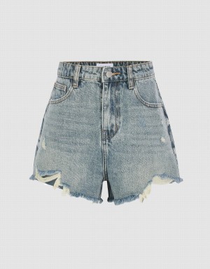 Urban Revivo Raw Hem Denim Women's Shorts Blue | EKD7514VX