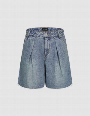 Urban Revivo Raw Hem Denim Women's Shorts Blue | XCN122YG