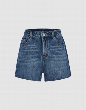 Urban Revivo Raw Hem Denim Women's Shorts Blue | OPE9026BY