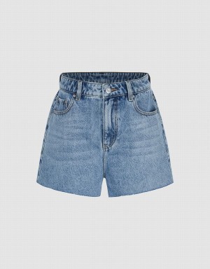 Urban Revivo Raw Hem Denim Women's Shorts Blue | IWO7484IJ