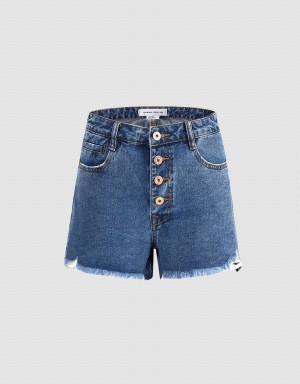 Urban Revivo Raw Hem Denim Women's Shorts Blue | WME277OI