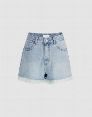 Urban Revivo Raw Hem Denim Women's Shorts Blue | ZSV3326EL