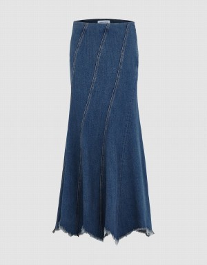 Urban Revivo Raw Hem Fishtail Denim Women's Skirts Blue | KXP6445OO