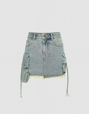 Urban Revivo Raw Hem Mini Denim Women's Skirts Blue | YWR9289XB