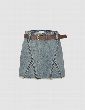 Urban Revivo Raw Hem Mini Denim Women's Skirts Blue | ZPI9992TU