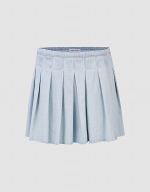 Urban Revivo Raw Hem Pleated Mini Denim Women's Skirts Blue | EWL8159DG