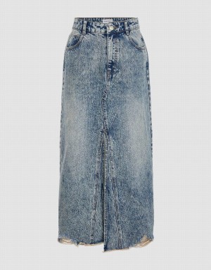 Urban Revivo Raw Hem Split A-Line Denim Women's Skirts Blue | RJP4716OO