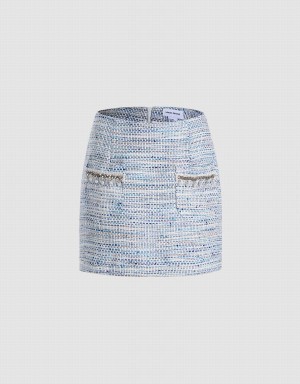 Urban Revivo Raw Hem Tweed Women's Skirts Blue | OUI2047SJ