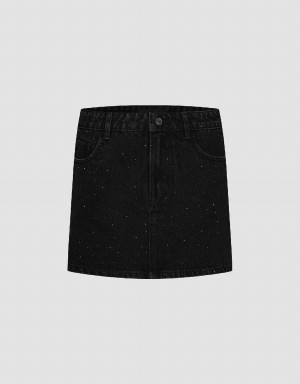 Urban Revivo Rhinestone Decor Mini Straight Denim Women's Skirts Black | DKO2336CE