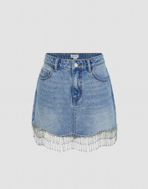 Urban Revivo Rhinestone Hem Mini Straight Denim Women's Skirts Blue | KIP2755GO