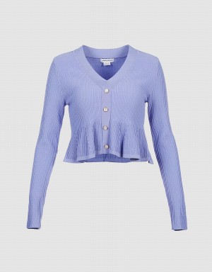 Urban Revivo Ribbed Knit Button Front Knitted Top Women's Cardigan Blue | WNY5917FN