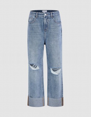 Urban Revivo Ripped Straight Women's Jeans Blue | QCQ8599LA