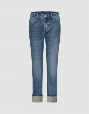 Urban Revivo Rolled Up Hem Straight Women's Jeans Blue | TUH375OC