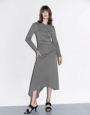 Urban Revivo Ruched Crew Neck A-Line Women's Dress Light Grey | CHD4573FA