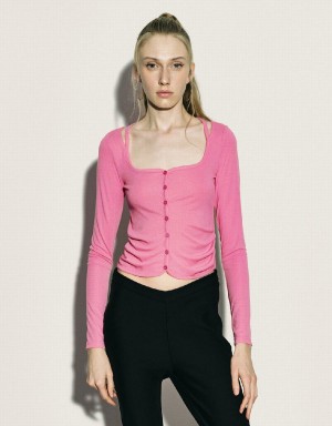 Urban Revivo Ruched Crew Neck Knitted Top Women's Shirts Pink | HUB373KE